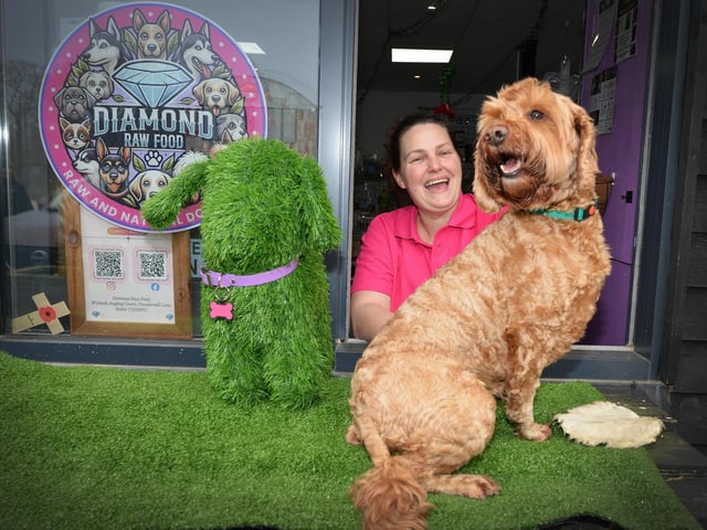 Diamond Raw Food, at Wylands Farm in Battle, celebrates a year in business. Owner Tracy Hudson with Bentley.
