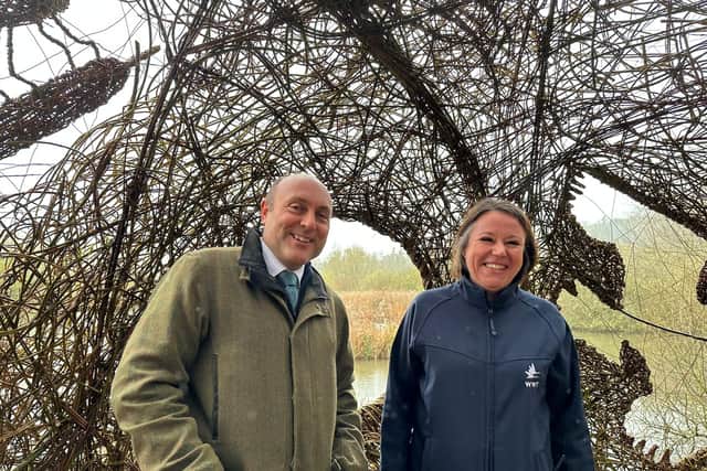 Andrew Griffith, MP for Arundel and South Downs, inside of the site’s new Reedbed Willow Sphere
