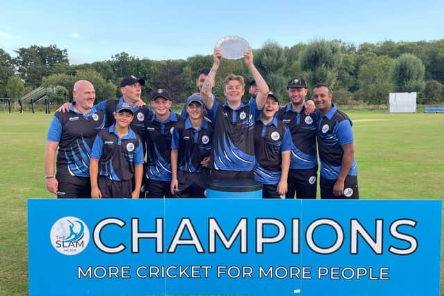 Southwater CC captain, Morgan Gilmour lifts the Sussex Slam trophy. Picture: submitted