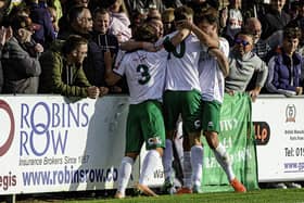 The ocks celebrate a Nyewood Lane goal versus Concord - and they will be hoping for similar scenes when Gosport visit in the FA Trophy on Saturday | Picture: Tommy McMillan