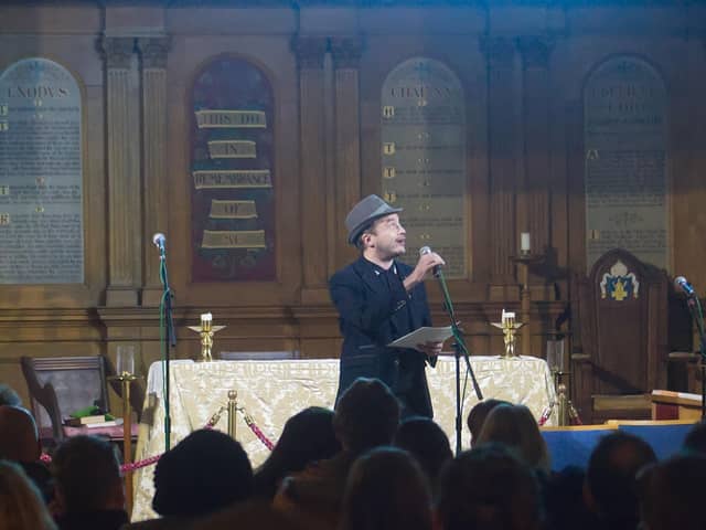 Competition judge John McCullough performing his poetry at the 2023 BHAC Poetry Festival at St George’s Church, Brighton. Photo by Abi Rose