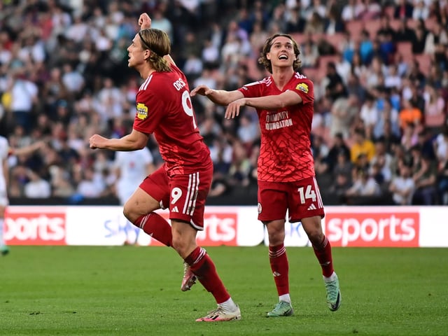 GOAL Crawley Town forward Danilo Orsi (9) scores a goal and celebrates with Crawley Town forward Harry Forster (14) 0-2 during the EFL Sky Bet League 2 play-off second leg match between Milton Keynes Dons and Crawley Town at stadium:mk, Milton Keynes, England on 11 May 2024.:Crawley Town hammered MK Dons 5-1 - and 8-1 on aggregate - to reach the League Two play-off final Wembley. Photographer Dennis Goodwin/Pro Sport Images was there to catch the action, the crowd and the celebrations