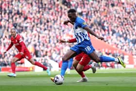 Danny Welbeck’s superb half volley opened the scoring within two minutes but goals from Luis Diaz and Mo Salah either side of half-time sealed a crucial win for the hosts. (Photo by Alex Livesey/Getty Images)