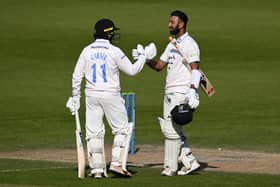 Two of the Sussex batting heroes of the match, Cheteshwar Pujara and  Oli Carter,, at the crease during the win over Durham (Photo by Mike Hewitt/Getty Images)