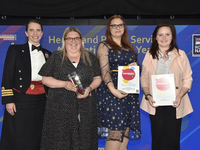 Pictured is: (left) Commander Sara Balls, head of Royal Navy Apprenticeships and headline sponsor of the awards with (second left) Nicola Sawdy of St Paul's Catholic Primary School and Nursery, winner of the Health & Public Service Apprentice of the Year award and the highly commended nominees for this category.