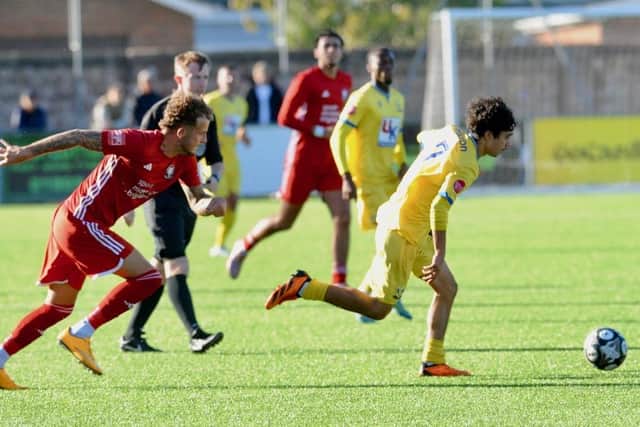 Mo Khedidji in action against Hassocks - and he scored the third Lancing goal that sealed victory | Picture: Stephen Goodger