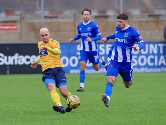 Action from Lancing FC's 1-0 home loss to East Grinstead Town in the Isthmian south east division