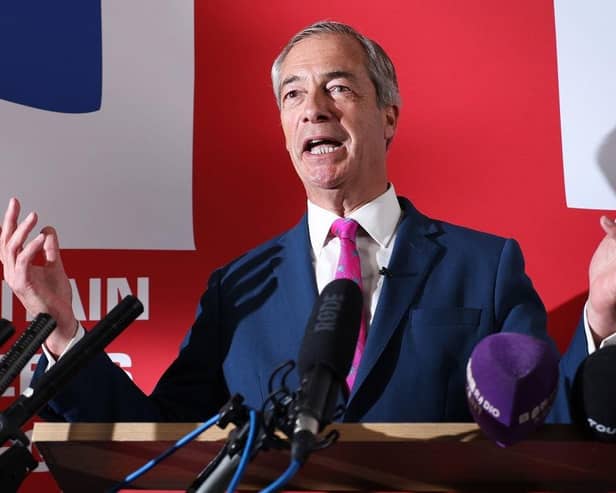DOVER, ENGLAND - MAY 28: Nigel Farage speaks during a Reform UK event at the Royal Cinque Ports Yacht Club on May 28, 2024 in Dover, England. The UK general Election will be held on July 4th.(Photo by Dan Kitwood/Getty Images)