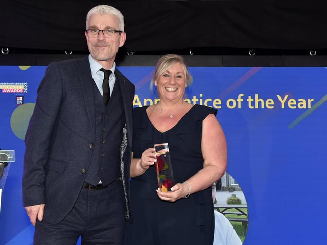 Pictured is: Mike Punt, director of degree apprenticeships at the University of Portsmouth with Elaine Kling-Moger accepting the award on behalf of Alan Gwilliam of Pall Corporation, winner of the Higher Apprentice of the Year award.