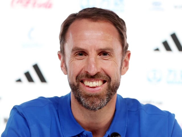 DOHA, QATAR - NOVEMBER 24: Gareth Southgate, Head Coach of England, reacts during the England Press Conference at the Main Media Center on November 24, 2022 in Doha, Qatar. (Photo by Alex Pantling/Getty Images)