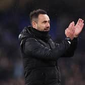 Roberto De Zerbi, Manager of Brighton & Hove Albion, applauds the fans following the Premier League draw at Everton
