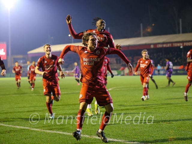 Harry Forster celebrates scoring against Stevenage