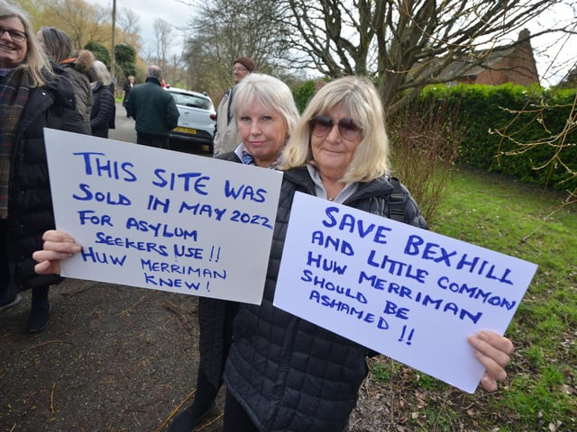 Public gathering by the gates of the Northeye site in Bexhill on Saturday April 1.