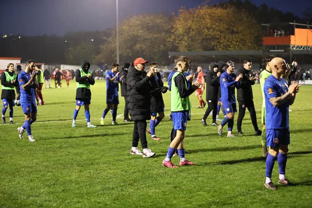 Adam Hinshelwood and his players applaud the Worthing fans after losing at Alfreton | Picture: Mike Gunn