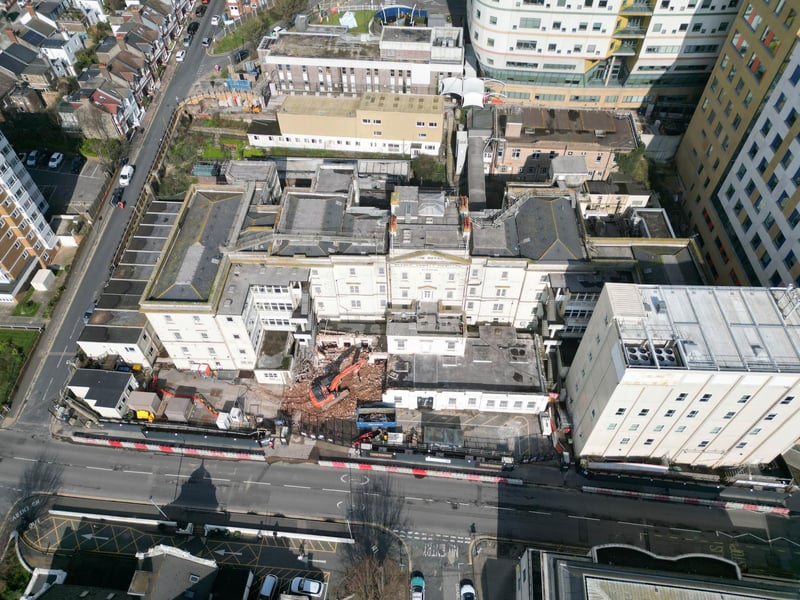 Demolition work is continuing at the Royal Sussex County Hospital in Brighton to make way for a new Sussex Cancer Centre.