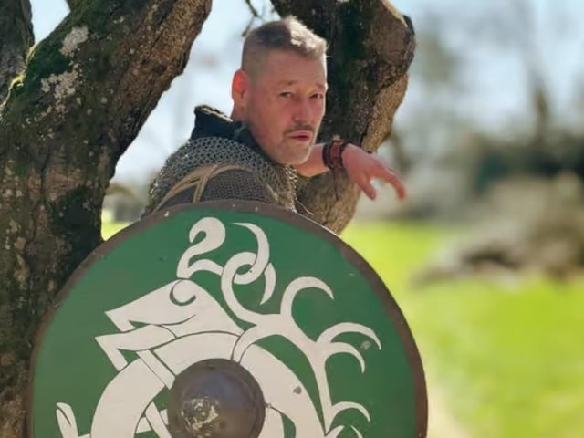 Gav Collins walked from Chichester to Rye dressed as a Saxon warrior.