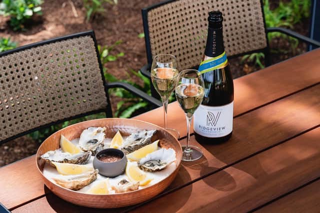Oysters with shallot vinegar, lemon and Tabasco sare served with two glasses of Ridgeview’s award-winning Blanc de Blancs.
