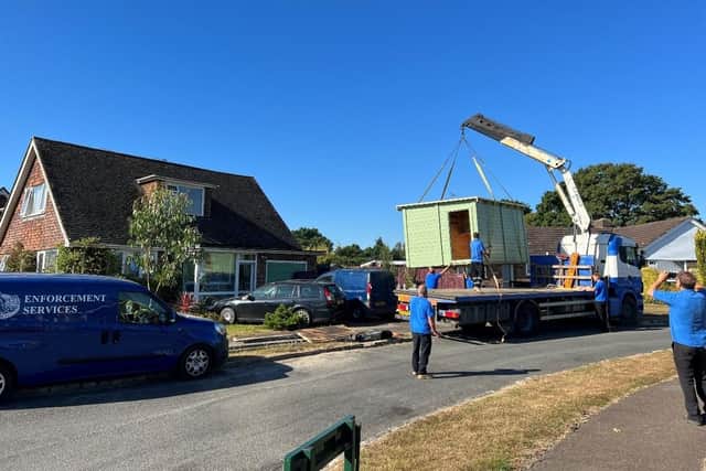 The large summerhouse was constructed on the front garden and driveway of a property in Reedswood Road, Broad Oak, near Rye, East Sussex in September 2019.