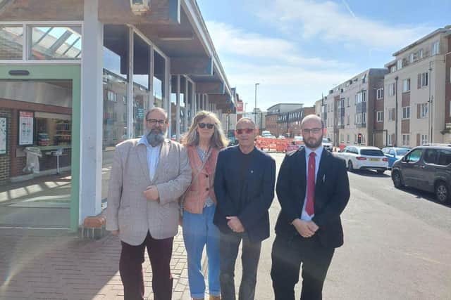 Littlehampton councillors outside the railway station. Pictured left to right are Alan Butcher, Christine Wiltshire, Jeff Daws and Freddie Tandy