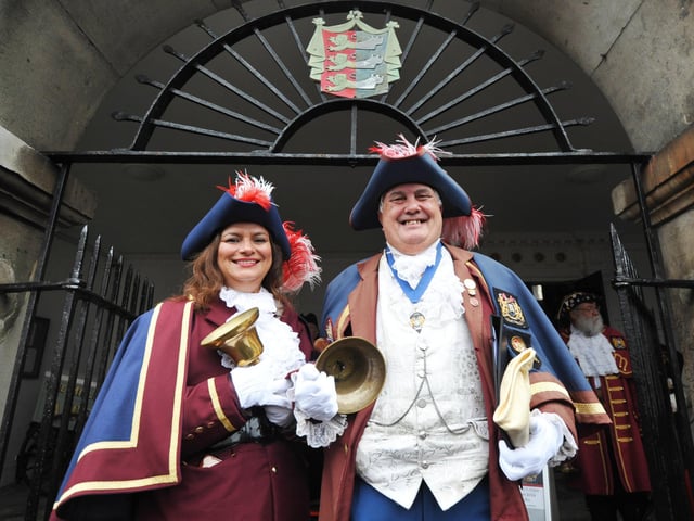 The 71st National Town Criers' Championships in Rye on October 12 2024. Rye Town Crier Paul Goring with Arabella Ansar, deputy town crier.