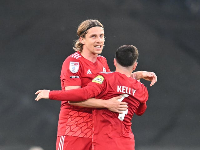 GOAL Crawley Town forward Danilo Orsi (9) scores a goal and celebrates with Crawley Town midfielder Liam Kelly (4) 0-2 during the EFL Sky Bet League 2 play-off second leg match between Milton Keynes Dons and Crawley Town at stadium:mk, Milton Keynes, England on 11 May 2024.:Crawley Town hammered MK Dons 5-1 - and 8-1 on aggregate - to reach the League Two play-off final Wembley. Photographer Dennis Goodwin/Pro Sport Images was there to catch the action, the crowd and the celebrations