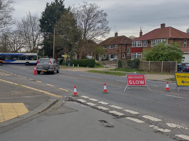 Photos taken at the scene show a bus has become stuck, when trying to turn around to avoid the road closure.