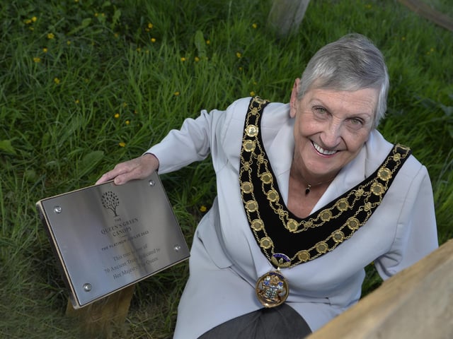 Crawley Mayor Jilly Hart next to the ancient tree in Constable Road, which is part of the Queen's Green Canopy (Photo by Jon Rigby)