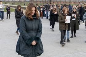 Gillian Keegan lays a wreath at Auschwitz-Birkenau in memory of the victims of the Holocaust.