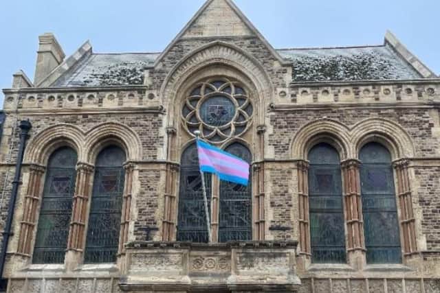 The transgender pride flag at the town hall in Hastings on March 31, which is International Transgender Day of Visibility