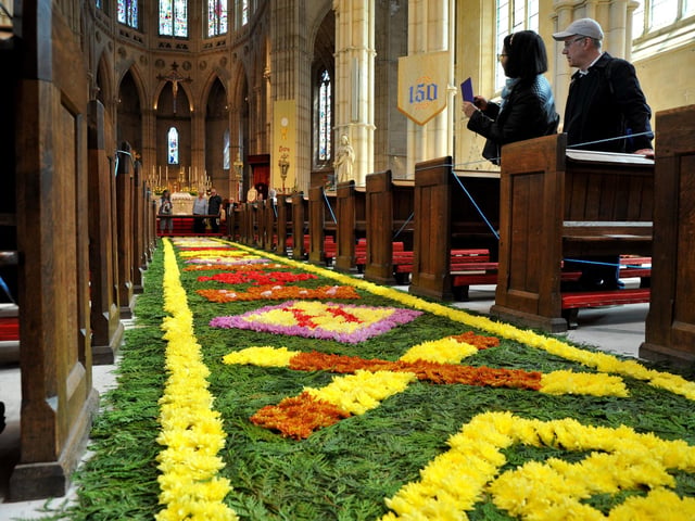 Arundel Cathedral is celebrating the feast of Corpus Christi with the magnificent festival of flowers which started 150 years ago, featuring a world famous Carpet of Flowers in the central aisle of the Cathedral. Pic S Robards SR2306071