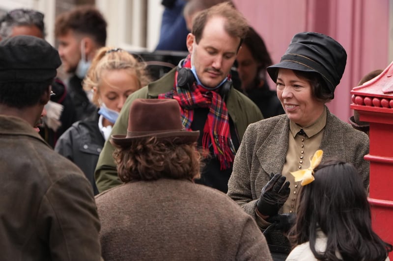Olivia Colman on the set of Wicked Little Letters in Arundel, playing the character Edith Swan