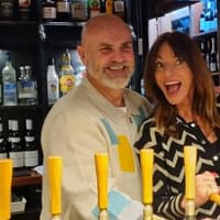 Davina McCall pours pints at Eastbourne pub