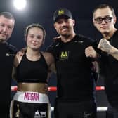 Megan Payne and her team celebrate her pro debut victory | Picture: Costakis Evangelou