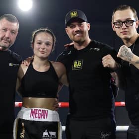 Megan Payne and her team celebrate her pro debut victory | Picture: Costakis Evangelou