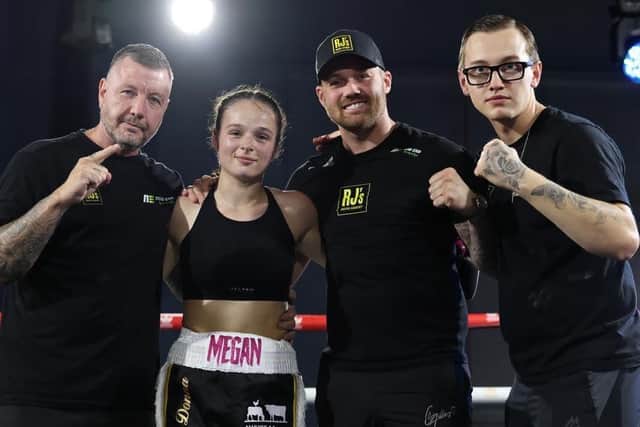 Megan Payne and her team celebrate her pro debut victory | Picture: Costakis Evangelou