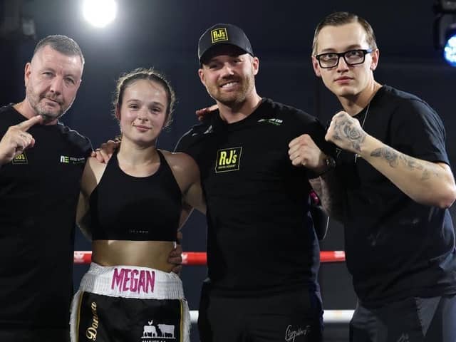 Megan Payne and her team celebrate her pro debut victory | Picture: Costakis Evangelou
