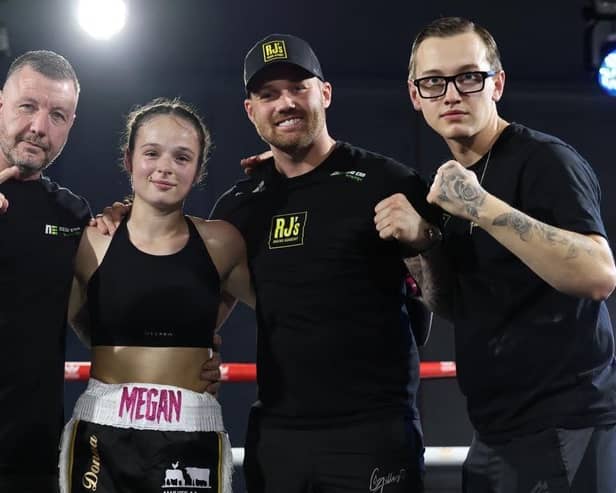 Megan Payne and her team celebrate her pro debut victory | Picture: Costakis Evangelou