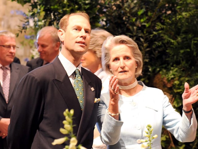 The Earl of Wessex talking with Diana Cave, Festival of Flowers designer for 2012