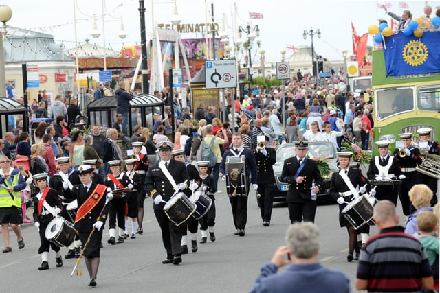 The marching band from TS Implacable, Littlehampton’s Nautical Training Corps, leading the carnival procession in 2012