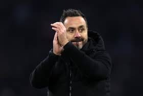 Roberto De Zerbi, Manager of Brighton & Hove Albion, applauds the fans following the team's victory during the UEFA Europa League 2023/24 match between AFC Ajax and Brighton & Hove Albion at Johan Cruijff Arena on November 09, 2023 in Amsterdam, Netherlands. (Photo by Dean Mouhtaropoulos/Getty Images)