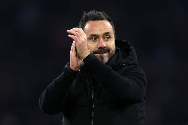 Roberto De Zerbi, Manager of Brighton & Hove Albion, applauds the fans following the team's victory during the UEFA Europa League 2023/24 match between AFC Ajax and Brighton & Hove Albion at Johan Cruijff Arena on November 09, 2023 in Amsterdam, Netherlands. (Photo by Dean Mouhtaropoulos/Getty Images)