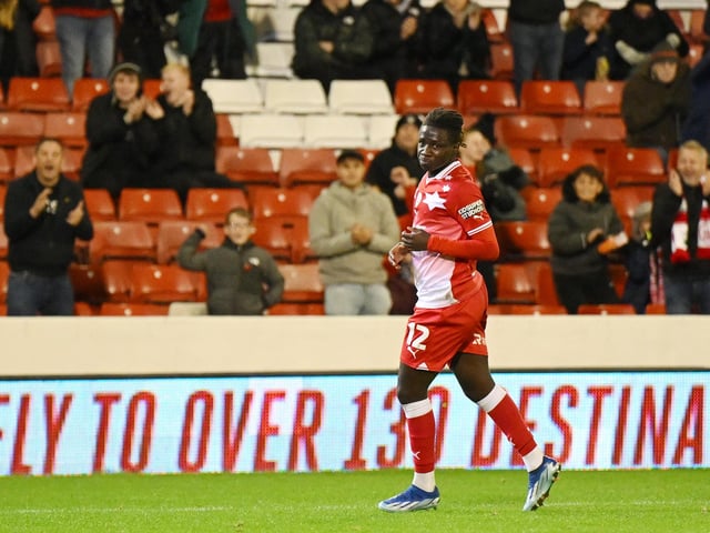 Fabio Jalo of Barnsley celebrates his goal to make it 2-2 during the Emirates FA Cup First Round match between Barnsley and Horsham at Oakwell Stadium.