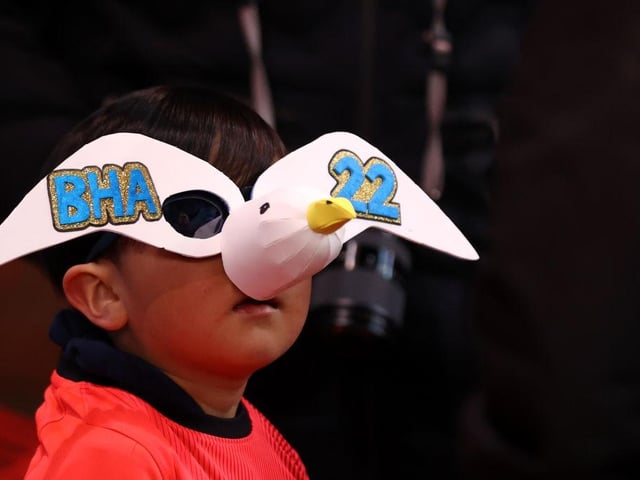 STOKE ON TRENT, ENGLAND - FEBRUARY 28: A detailed view of the mask of a fan of Brighton & Hove Albion, featuring the wording "BHA" and "22", prior to the Emirates FA Cup Fifth Round match between Stoke City and Brighton and Hove Albion at Bet365 Stadium on February 28, 2023 in Stoke on Trent, England. (Photo by Naomi Baker/Getty Images)