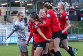 Lewes celebrate Anna Grey's free-kick winner against London City Lionesses | Picture: James Boyes