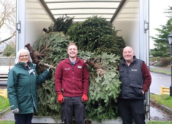 Wendy Agate, from St Peter & St James Hospice, with Cameron Wallis and Richard Knowler from South Downs Nurseries with their first full load of trees.