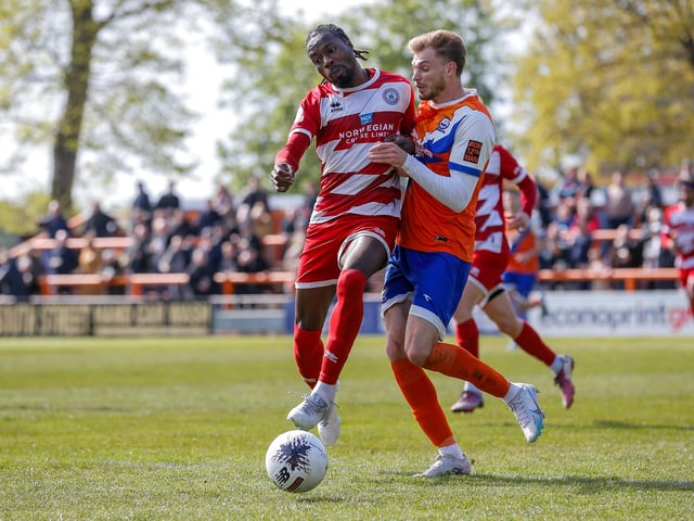 Action from Eastbourne Borough's final-day 3-2 win at Braintree - the Sports have stayed up with six points to spare