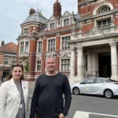 Eastbourne MP Caroline Ansell with Jeff Defalco outside town hall