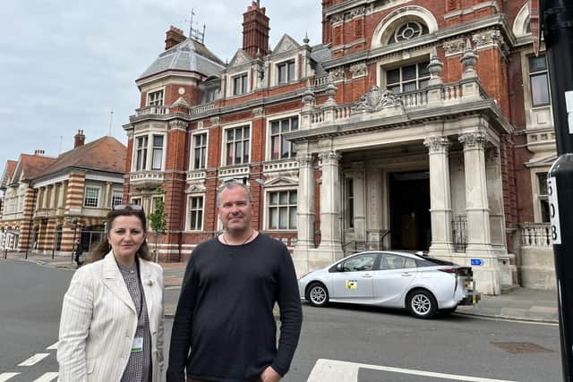 Eastbourne MP Caroline Ansell with Jeff Defalco outside town hall
