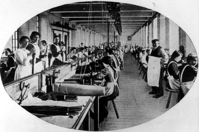 Women workers testing and finishing umbrella ribs at Samuel Fox and Co. Ltd, Stocksbridge c.1911. Ref no: s10329