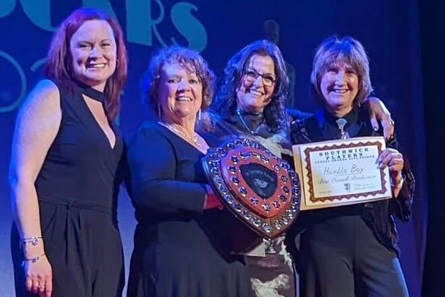 Best supporting female actor Louise Yeo, president Debbie Creissen, director Nettie Sheridan and best female actor nominee Diane Robinson celebrate Humble Boy winning the John Stone Award for best overall production of 2023